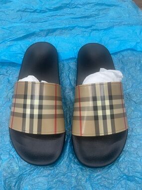 Burberry Beige Check Slide Sandals with Black Strap